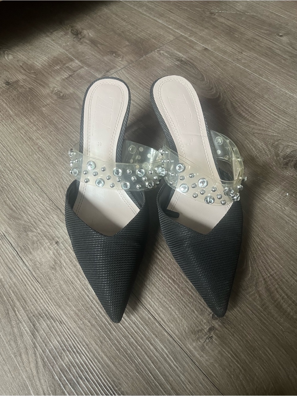 Zara Black Pointed Mule with Clear Jeweled Strap